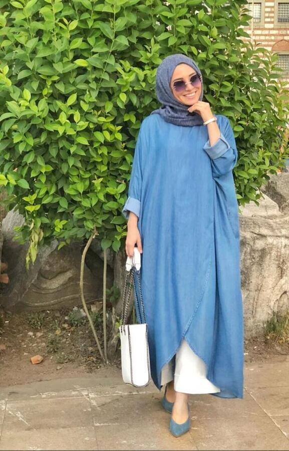 6394-Denim Standart Salaş Tunik Koyu Mavi
