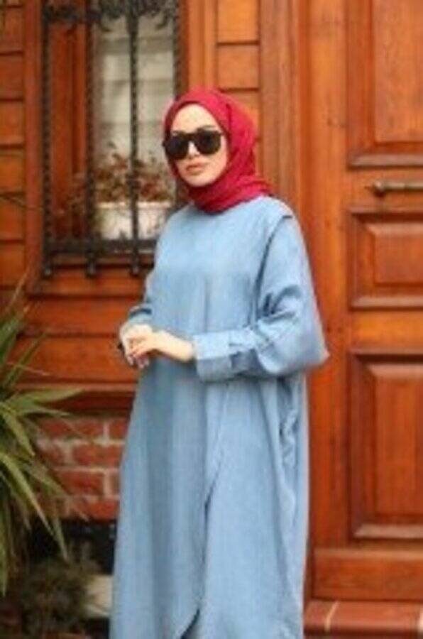 6394-Denim Standart Salaş Tunik Mavi
