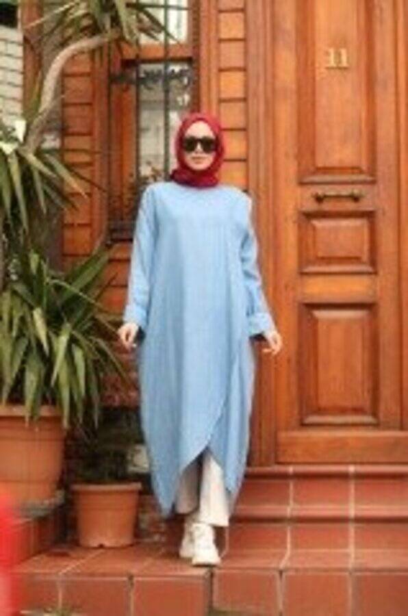 6394-Denim Standart Salaş Tunik Mavi