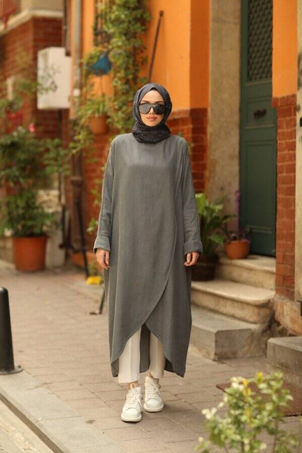 6394-Denim Tensel Standart Salaş Tunik Gri