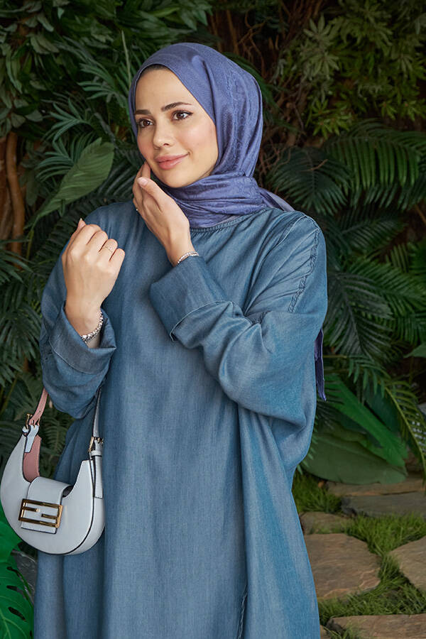 6394-Denim Tensel Standart Salaş Tunik Koyu Mavi