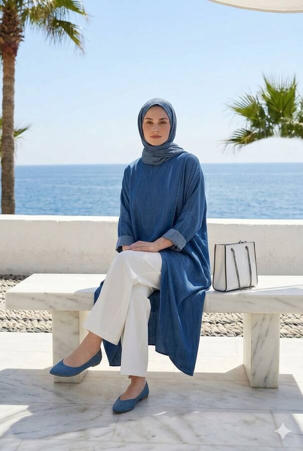 6394-Denim Tensel Standart Salaş Tunik Koyu Mavi