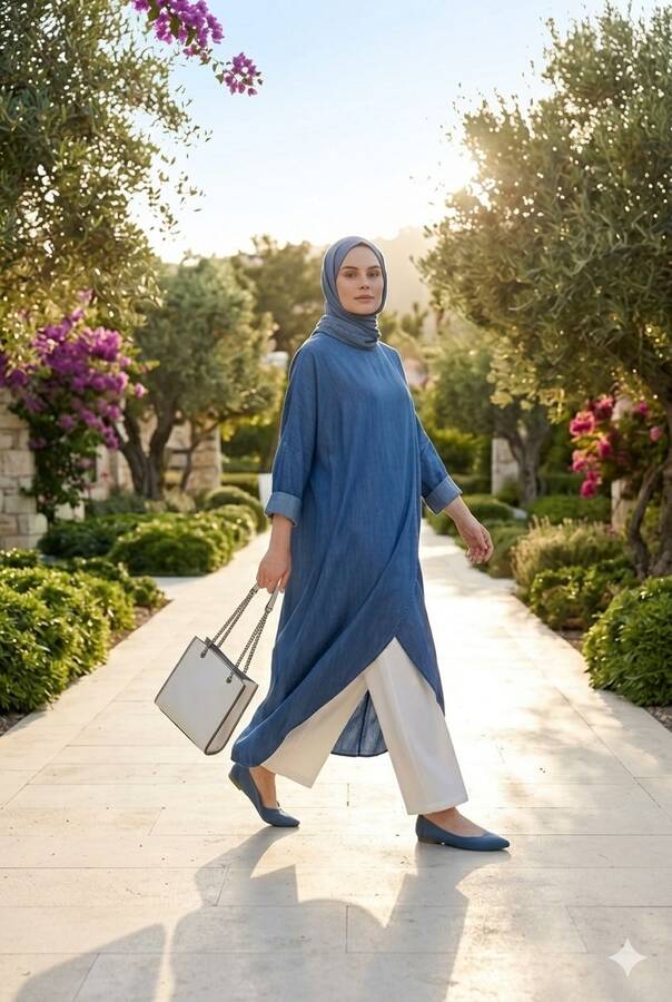 6394-Denim Tensel Standart Salaş Tunik Koyu Mavi