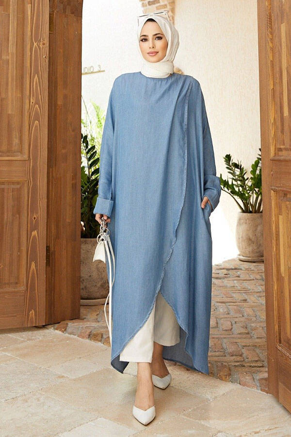 6394-Denim Tensel Standart Salaş Tunik Mavi