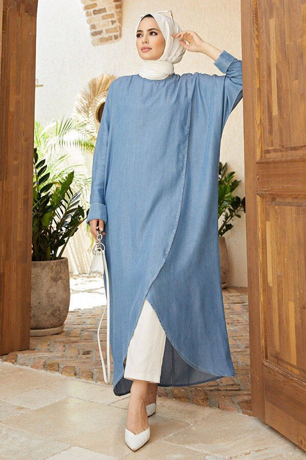 6394-Denim Tensel Standart Salaş Tunik Mavi