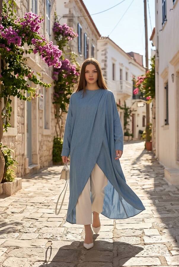 6394-Denim Tensel Standart Salaş Tunik Mavi