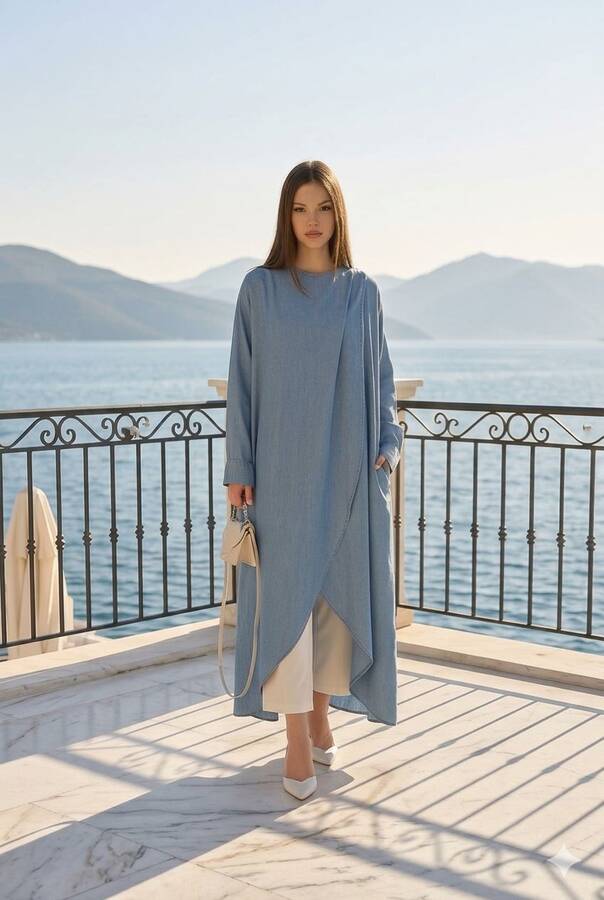 6394-Denim Tensel Standart Salaş Tunik Mavi