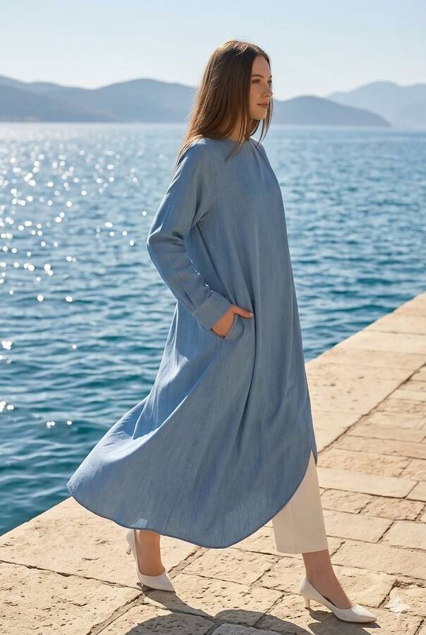 6394-Denim Tensel Standart Salaş Tunik Mavi