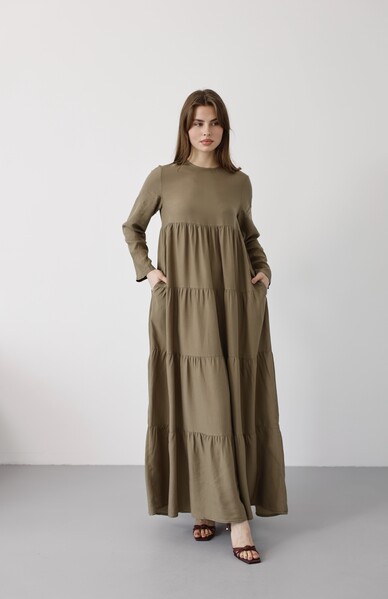 Neways - 6400-Denim Parça Boya Elbise Haki