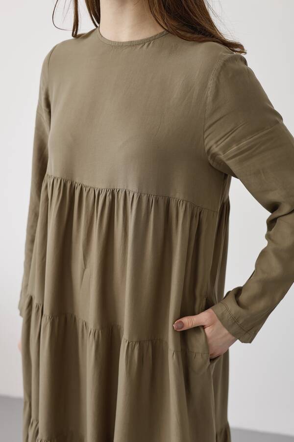 6400-Denim Parça Boya Elbise Haki