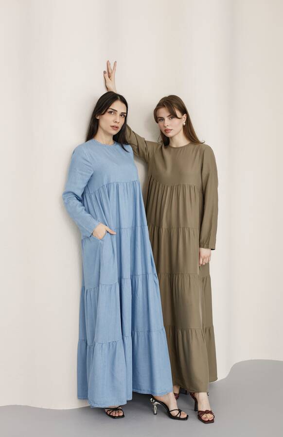 6400-Denim Parça Boya Elbise Haki