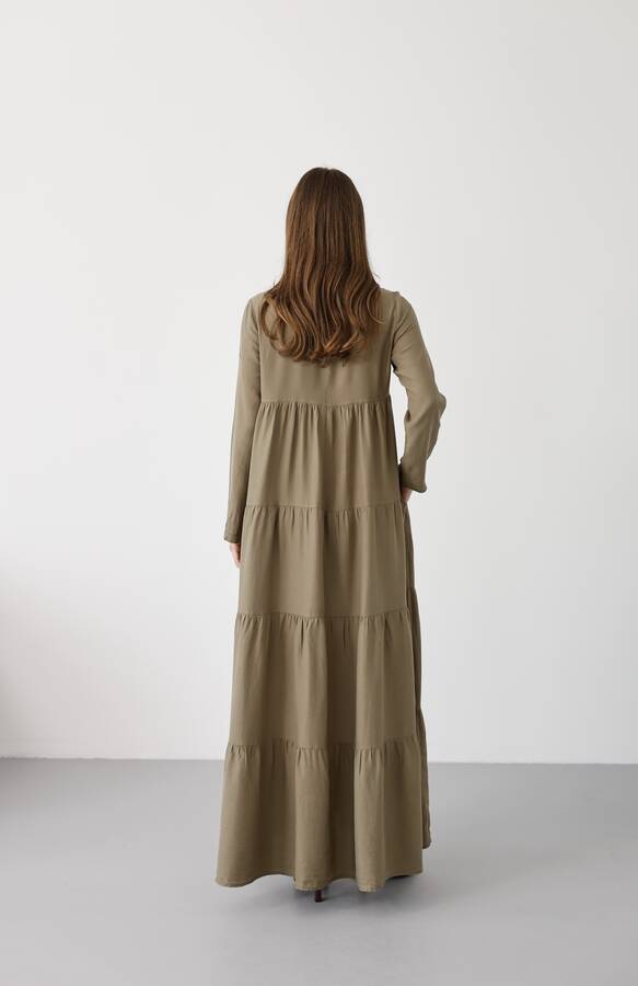 6400-Denim Parça Boya Elbise Haki