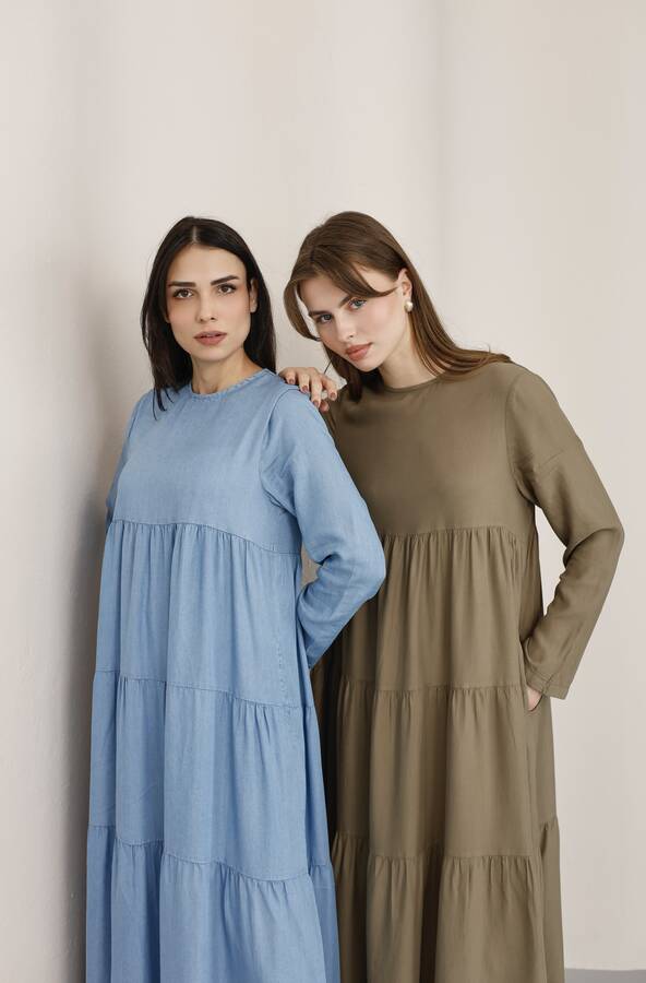 6400-Denim Parça Boya Elbise Haki