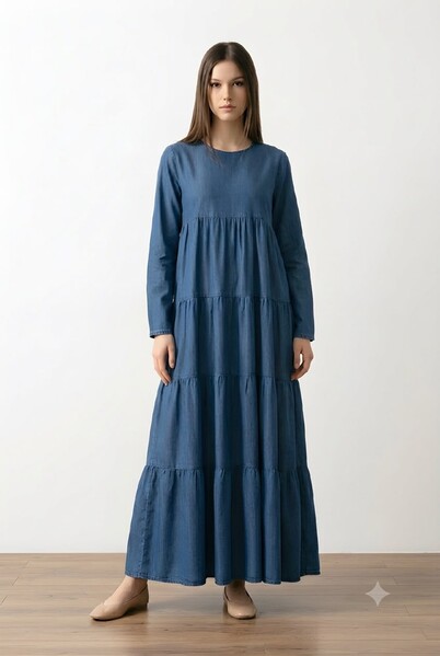 Neways - 6400-Denim Parça Boya Elbise Koyu Mavi