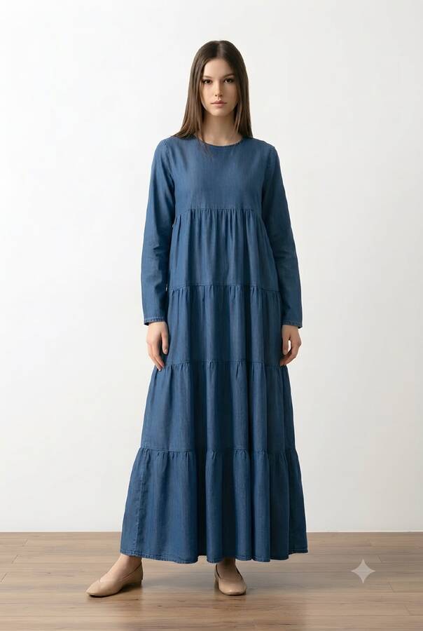 6400-Denim Parça Boya Elbise Koyu Mavi