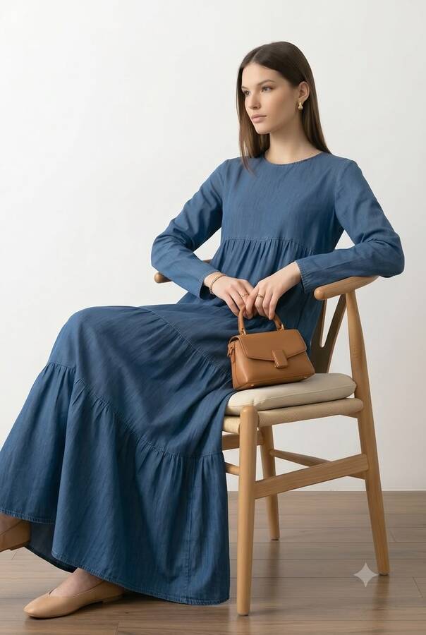 6400-Denim Parça Boya Elbise Koyu Mavi