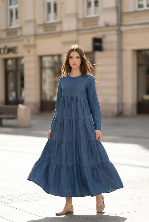 6400-Denim Parça Boya Elbise Koyu Mavi