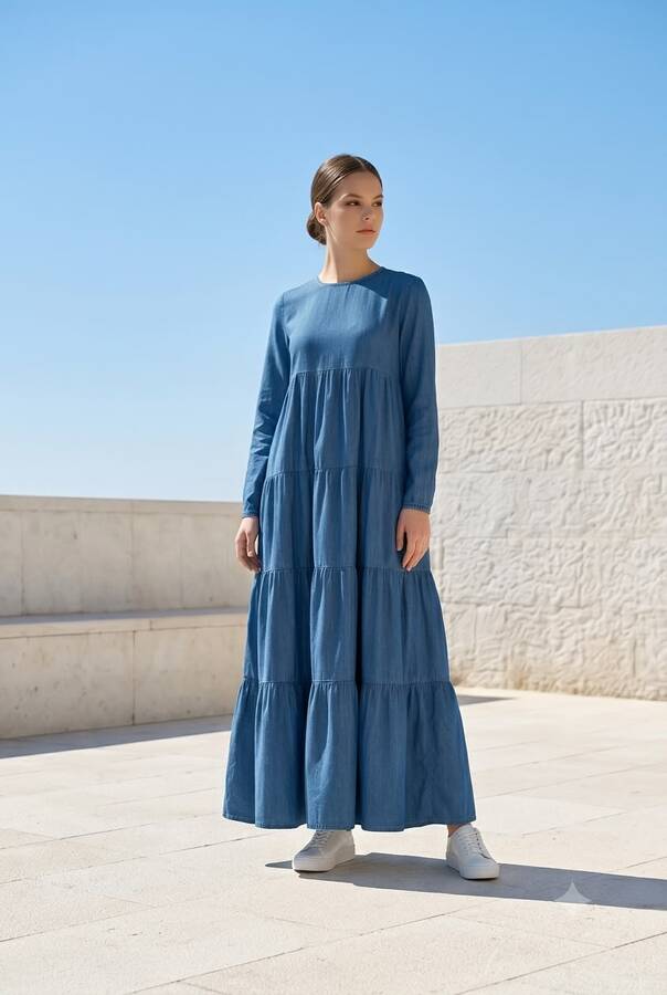 6400-Denim Parça Boya Elbise Koyu Mavi