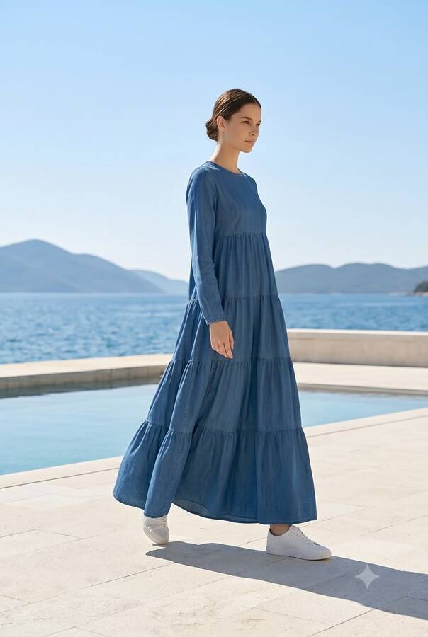 6400-Denim Parça Boya Elbise Koyu Mavi