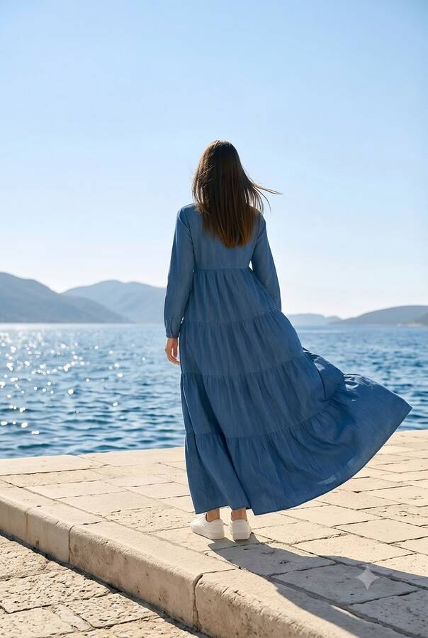 6400-Denim Parça Boya Elbise Koyu Mavi