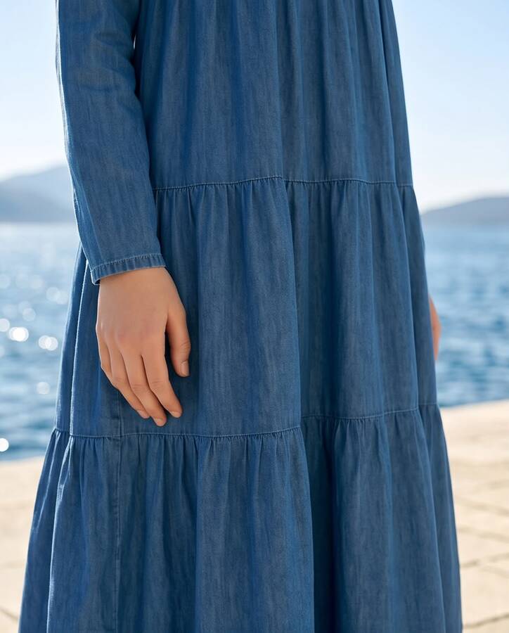 6400-Denim Parça Boya Elbise Koyu Mavi