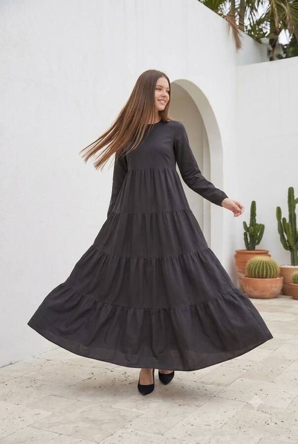 6400-Denim Parça Boya Elbise Siyah