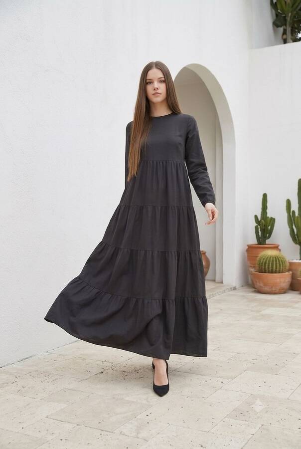 6400-Denim Parça Boya Elbise Siyah