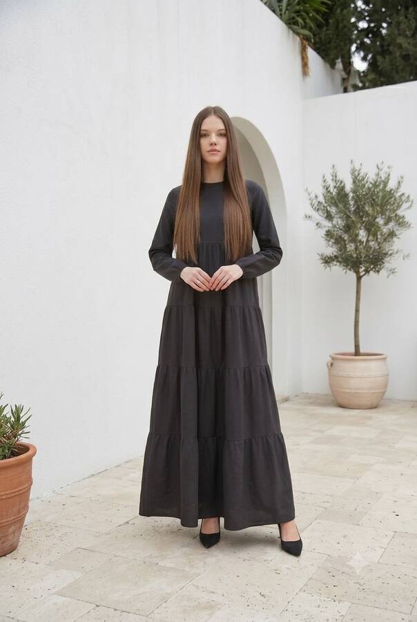 6400-Denim Parça Boya Elbise Siyah