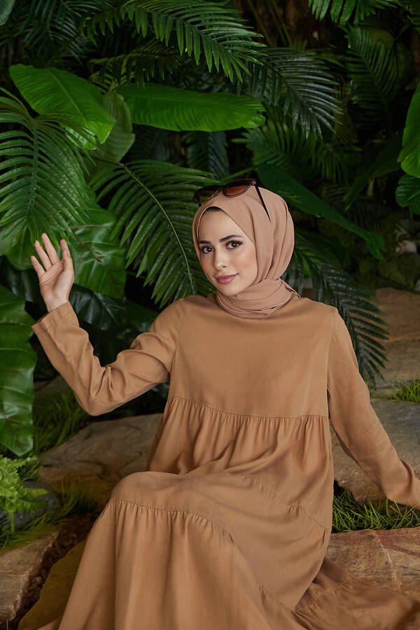 6400-Denim Parça Boya Elbise Tütün
