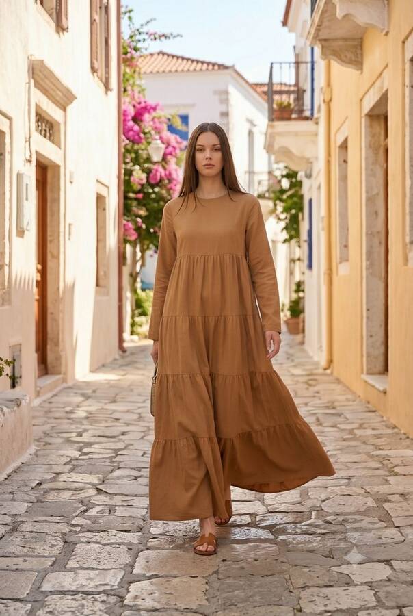 6400-Denim Parça Boya Elbise Tütün