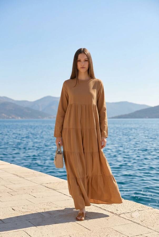6400-Denim Parça Boya Elbise Tütün