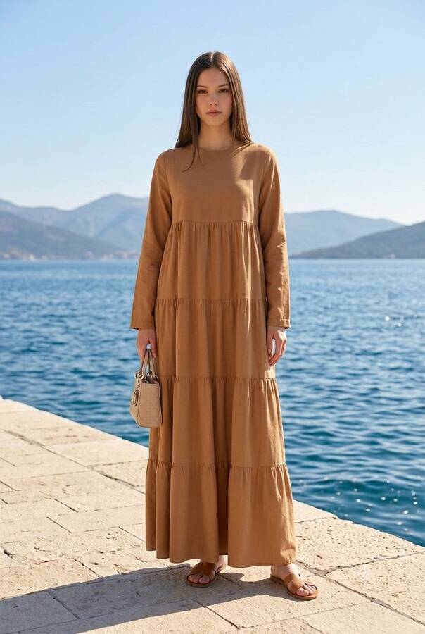 6400-Denim Parça Boya Elbise Tütün