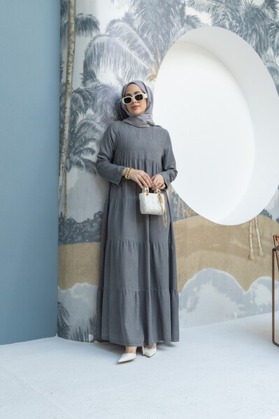 Neways - 6400-Taşlı Tensel Büzgülü Elbise Gri