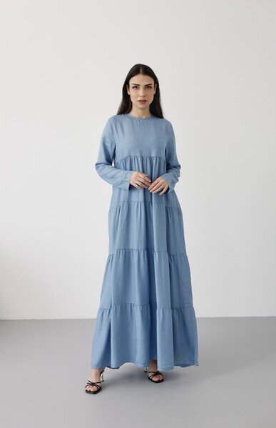 Neways - 6400-Tensel Büzgülü Elbise Mavi