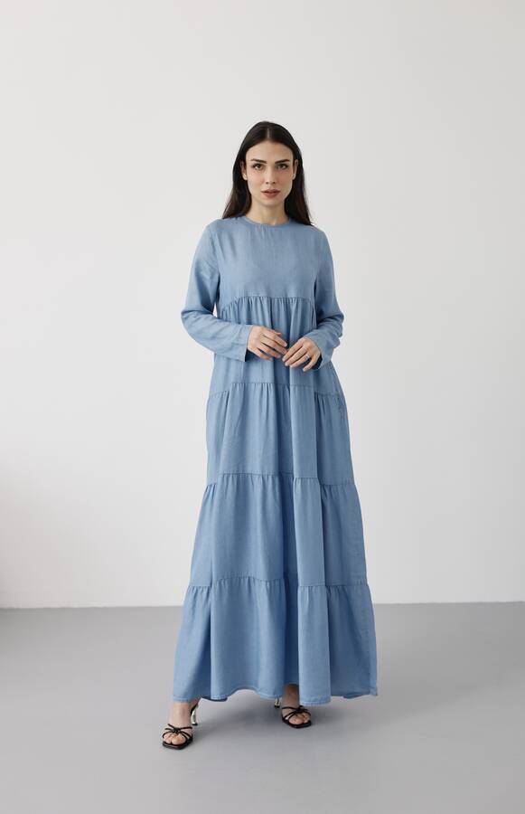 6400-Tensel Büzgülü Elbise Mavi