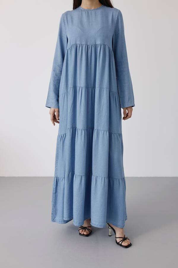 6400-Tensel Büzgülü Elbise Mavi