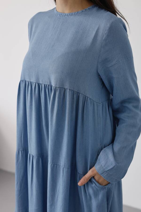 6400-Tensel Büzgülü Elbise Mavi