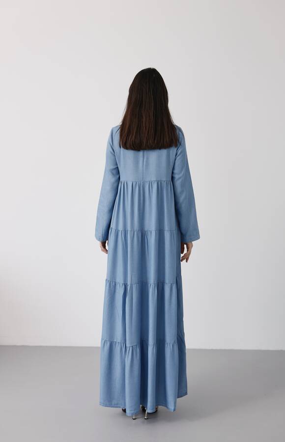 6400-Tensel Büzgülü Elbise Mavi
