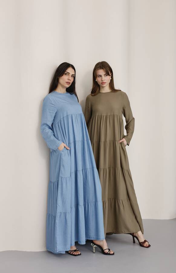 6400-Tensel Büzgülü Elbise Mavi