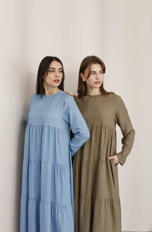 6400-Tensel Büzgülü Elbise Mavi