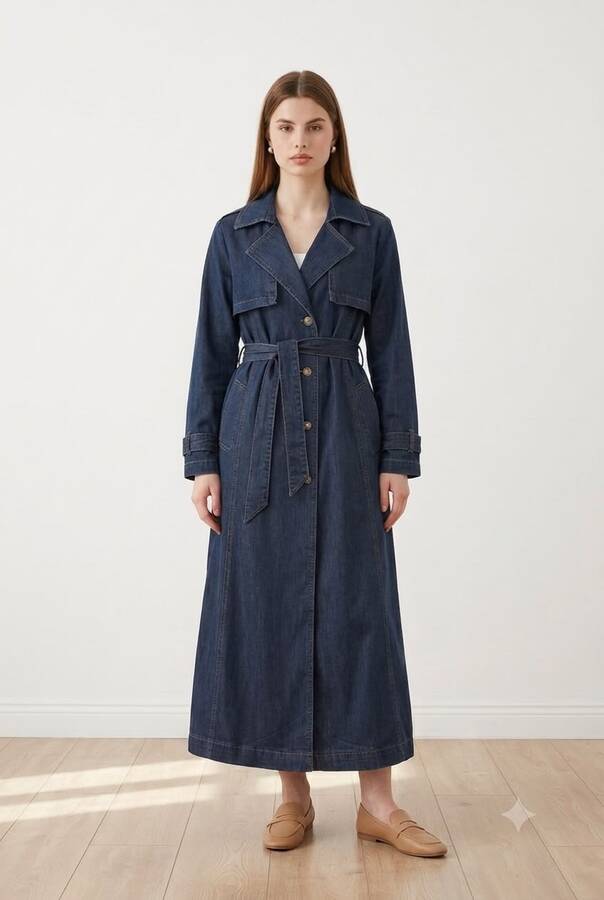 6458-Allerli Denim Trençkot Koyu Gri