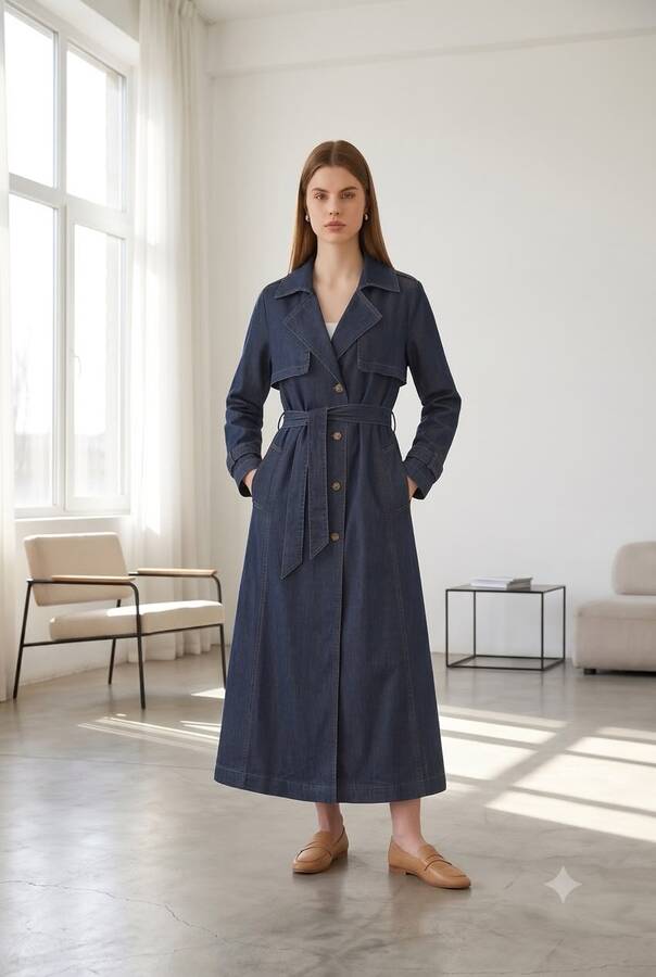 6458-Allerli Denim Trençkot Koyu Gri