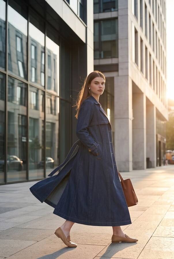 6458-Allerli Denim Trençkot Koyu Gri