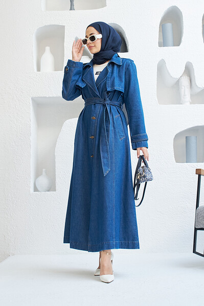 Neways - 6458-Allerli Denim Trençkot Koyu Mavi