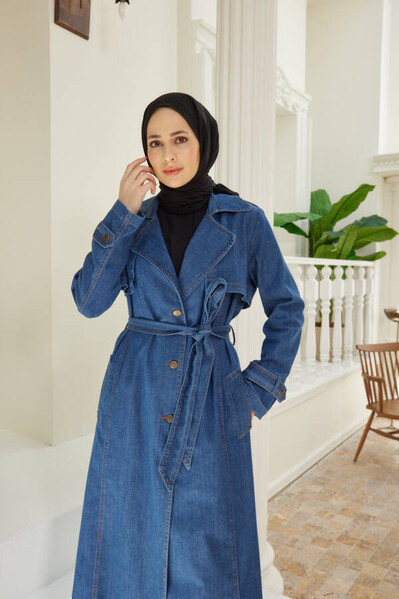 Neways - 6458-Allerli Denim Trençkot Koyu Mavi