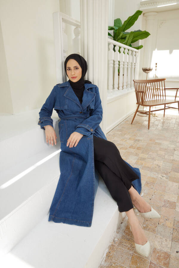 6458-Allerli Denim Trençkot Koyu Mavi