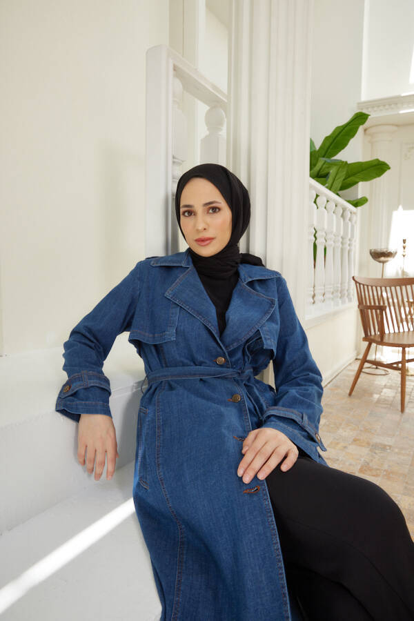6458-Allerli Denim Trençkot Koyu Mavi