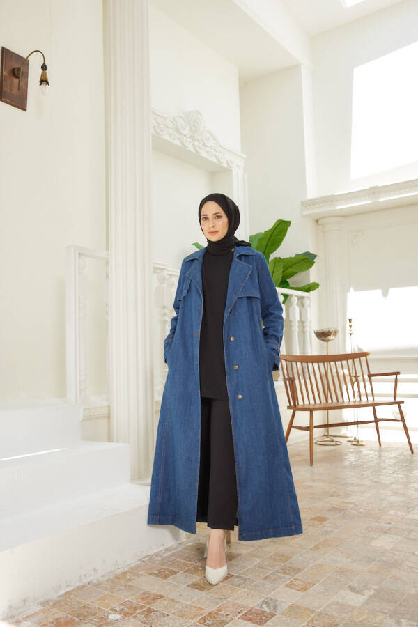 6458-Allerli Denim Trençkot Koyu Mavi