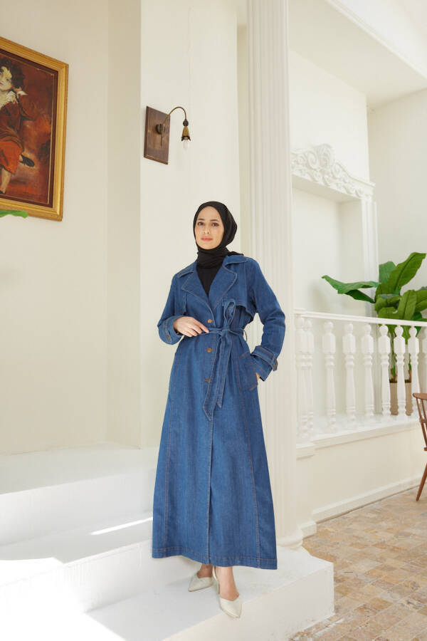 6458-Allerli Denim Trençkot Koyu Mavi