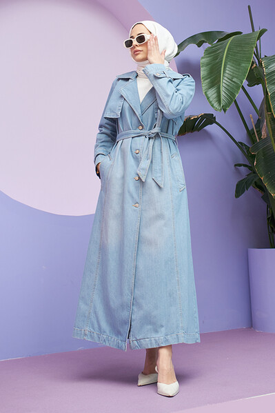 Neways - 6458-Allerli Denim Trençkot Mavi